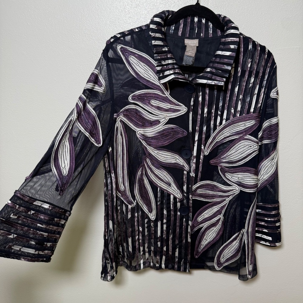 NWT 2 Large Petite Chico's Traveler Floral 3/4 Sleeve Mesh Jacket Mix Art Boho - Picture 3 of 13